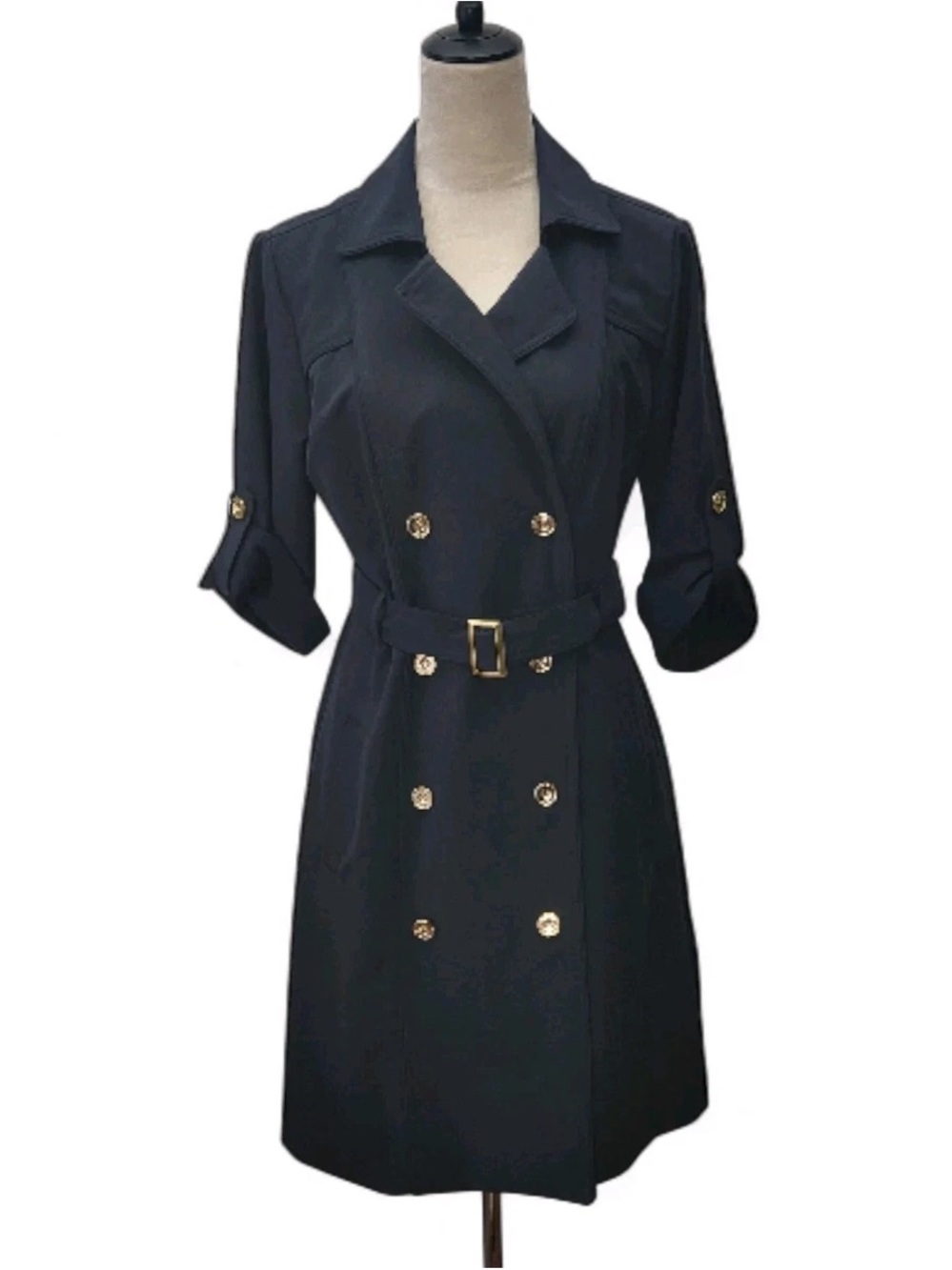 Sharagano Black Trench Dress with Gold Buttons